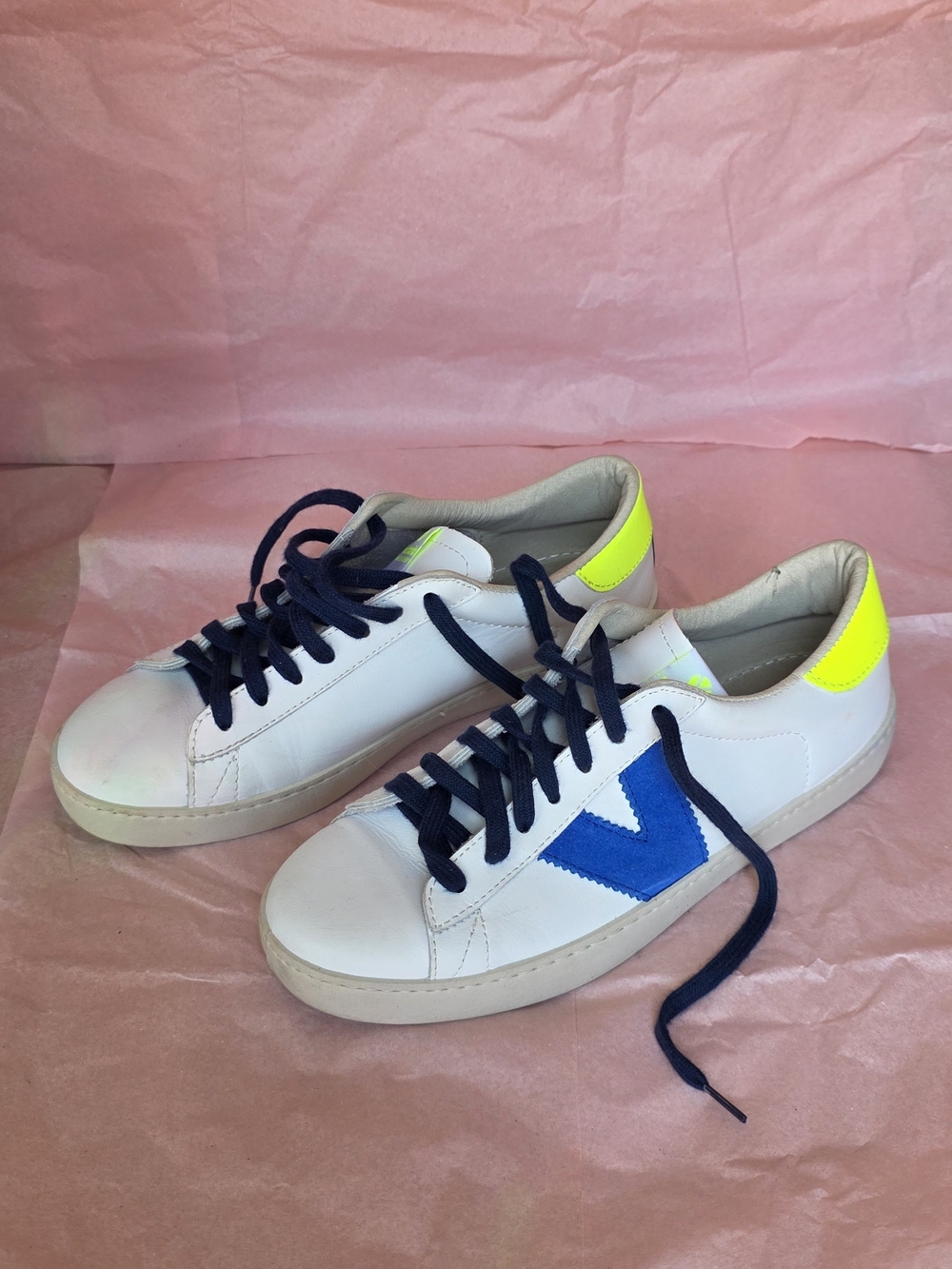 Victoria Sneakers with Blue V Logo & Neon Yellow Heel